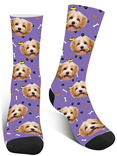 XJone Calzini con foto di cane personalizzati, calzini divertenti, personalizzabili Metti il tuo animale domestico sulle zampe, Viola, Taglia unica