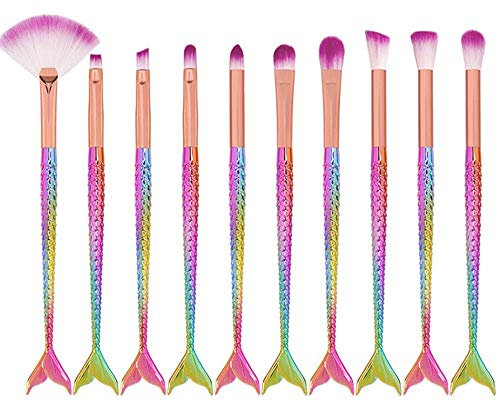 Lot de 10 pinceaux de maquillage en forme de queue de poisson, pour fard à paupières, anti-cernes, eyeliner, sourcils (manche sirène multicolore)