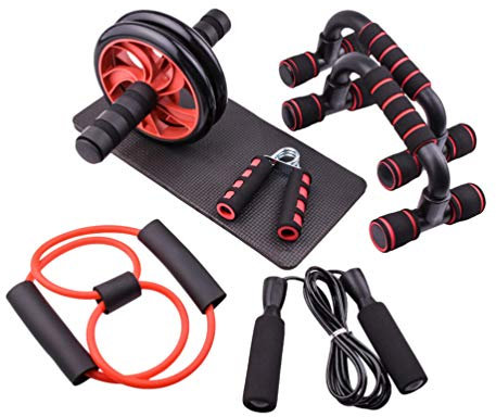 MisFox AB Roller Addominali 7-in-1 Kit Palestra in Casa con Ruota Addominali, 2 Maniglie per Flessioni, Corda per Saltare, Fascia di Resistenza, Pinza Mano e Ginocchiera