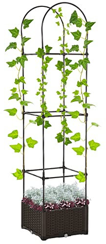 Outsunny Jardinière avec Treillis dim. 40L x 40l x 177H cm Insert d'irrigation Inclus PP Imitation rotin tressé Chocolat