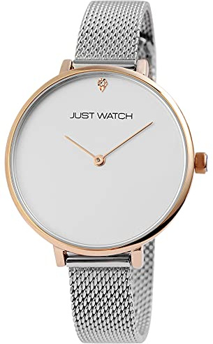 Just Watch Darcie Damen-Uhr Meshband Edelstahl Strass-Steine Analog Quarz JW10131 (silberfarbig weiß)