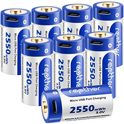 Rapthor Rechargeable batteries 3V 2550 mWh with 4-in-1 USB Type-C cable Compatible with Arlo Camera, Fast charge in 2 hours, single bay charge, 1200+ cycles recyclable-8 pieces