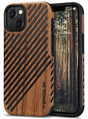 TENDLIN Kompatibel mit iPhone 13 Hülle, Holz und Leder Hybrid Handyhülle (Rotes Sandelholz)