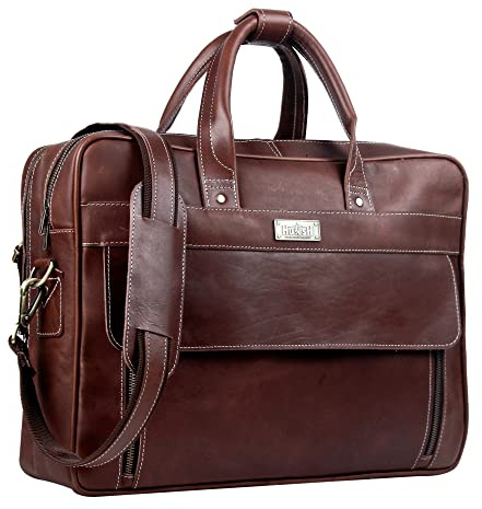 HULSH Handmade Vintage Genuine Leather Briefcase for Men 17 Inch Laptop Computer Case Business Travel Work Messenger Cross Body Shoulder Bags, Brown Leather Bag for men