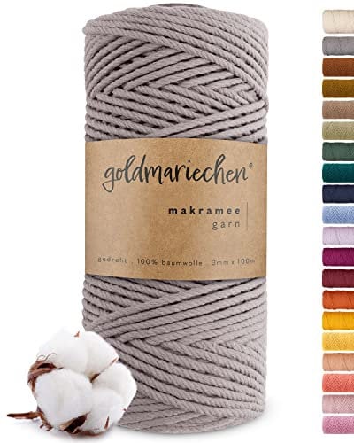 goldmariechen Premium Makramee Garn (Grau) | 3mm x 100m | 100% Baumwolle | plastikfreie Verpackung | Makramee Baumwollgarn für DIY Handwerk
