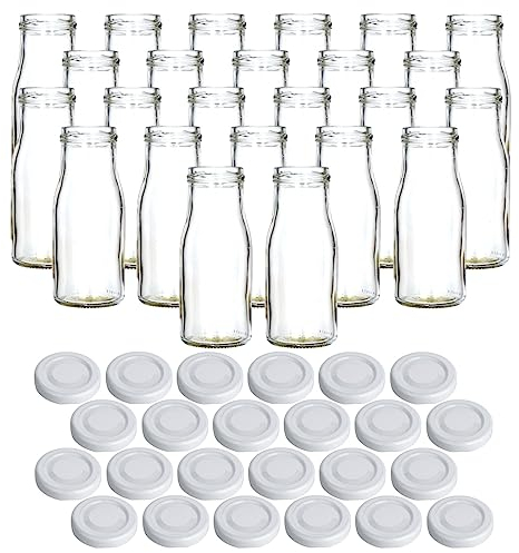 gouveo 24er Set Glasflasche 150 ml Smoothie mit Schraub-Deckel Weiss - Kleine Saftflasche 0,15 l mit TO43 Verschluss - Leere Flasche ideal zum Befüllen mit Saft und Smoothies