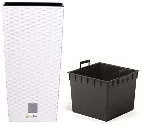 botle Blumenkübel 35 L Rattan-Optik Weiss Pflanzkübel h. 55 cm mit Innenkasten 14 L quadratisch Übertopf aus Kunststoff