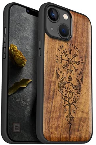Carveit Magnetic Wood Case for iPhone 14 - Hard Walnut Wood & Soft TPU Shockproof Hybrid Protective Cover - Unique & Classy Viking Compass Vegvisir Design - Compatible with MagSafe