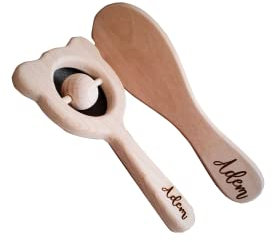 Baby Bürste personalisiert, Baby Rassel personalisiert, Baby Deko Holz, Neugeborenen Deko Baby Holz (Rassel + Bürste)