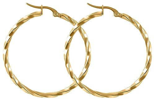 day.berlin Damen Creolen Twisted in Gold 18k vergoldet, Ohrringe gedreht 35mm Durchmesser 2mm stark, 316L Edelstahl nickelfrei und wasserfest