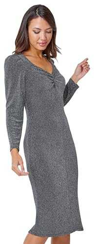Roman Shimmer Stretch Knot Detail Dress for Women UK - Ladies Everyday Holiday Autumn Winter Pull-On V Neck Long Sleeves Comfy Soft Evening Vacation Work Party