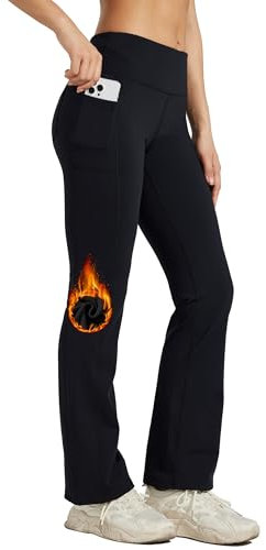 Willit Damen Thermo Flare Leggings Winter Fleece gefütterte Yogahose Warm Sportleggins Laufhose Bootcut Hose High Waist mit Taschen Schwarz L