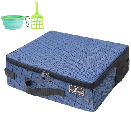 HiCaptain Litière portable pour chats, litière de voyage pliable avec couvercle, poignée et poche de rangement, bac à litière pliable pour chats de petite et moyenne taille, étanche, sans odeur, bleu