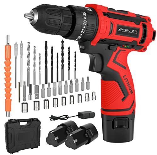 Taladro Percutor a Bateria,Zateety 34 Pcs Accesorios 12v Taladradora Bateria con Luz LED 2 Baterías 2000mAh, Torque 35nm, Torque Nominal 25+1.2 Velocidad Rojo