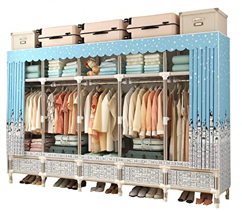 Kleiderschrank Stoffschrank Faltschrank mit 5 Einlegeböden und 5 Kleiderstangen, 5 Schubladen, Faltbare Garderobe für Schlafzimmer, Ankleidezimmer,A-250x45x172cm