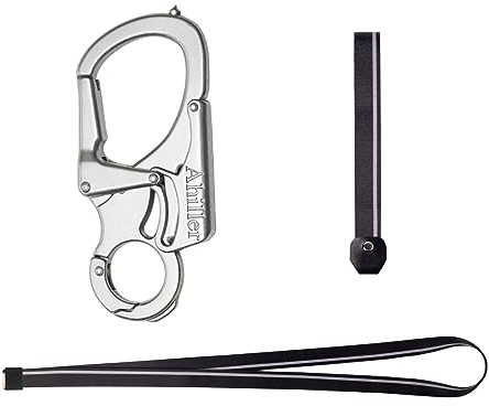Karabiner Schlüsselanhänger Karabinerhaken Clip Set, Double Lock entworfen Wolfram Stahlspitze, Legierung Schlüsselbund mit Zwei Lanyards für Camping, Wandern, Angeln, Outdoor Survival (Silber-1P)