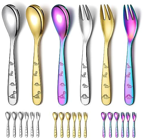 Evanda Cubertería infantil, juego de cubiertos para niños de acero inoxidable de 6 piezas, con tenedores y cucharas, vajilla redonda lisa pulida al espejo (Mezcla de colores)