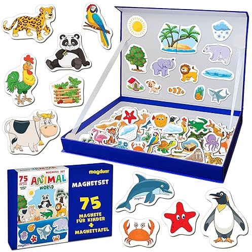 Magdum Magnete für Kinder - Dinosaurier Magnetbuch mit Magnettafel 67 Stück - Tier Lernmagnete für Kühlschrank - Montessori Magnet Spielzeug - Kühlschrankmagnete für Kinder