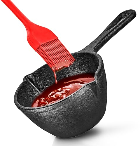Modern Innovations Cast Iron Melting Pot with Silicone Brush, Basting for Grill Cooking, Saucepan, Simmer Sauce and Butter, Small Pot, Mini Bowl Sauces, MI 1415