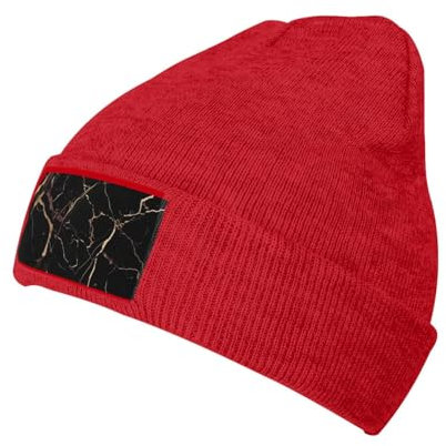 Beanie-Mütze mit Marmor-Aufdruck, für Damen und Herren, Strickmütze, warme Wintermütze, modische Beanie-Mütze mit Bündchen, Schwarz / Gold, rot, One size