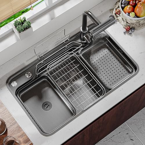Lavello Cucina 1 Vasca con Gocciolatoio Lavandino Cucina Multifunzione Lavabo Cucina Lavello in Acciaio Inox Lavello da incasso con Rubinetto Estraibile Cascata Dispenser di Sapone Lavatazzine ( Color