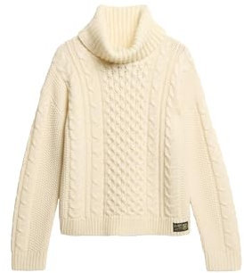 Superdry Damen Strickpullover mit Rollkragen und Zopfmuster Island Ecru 42