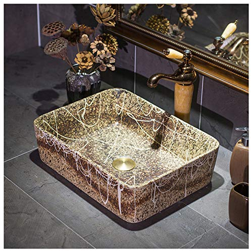 SmPinnaA Waschbecken, Rechteckig, Waschbecken Aus Keramik, Pop-Up-Ablauf Ohne Überlauf Für Badezimmer, Toilette, Waschtisch, Beige, 45 X 34 X 13 cm
