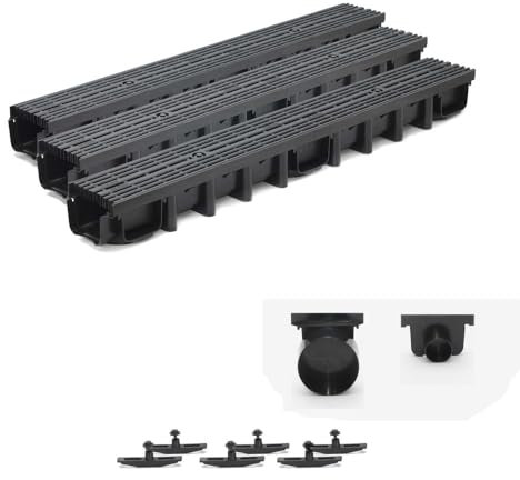ScarMaxx - Set di grondaie di drenaggio da 3 m – grondaia – Scarico Acqua piovana – Scarico con griglia – Altezza A15 98 mm – Set Completo – Griglia longitudinale Line Nero – 13 x 300 x 9,8 cm