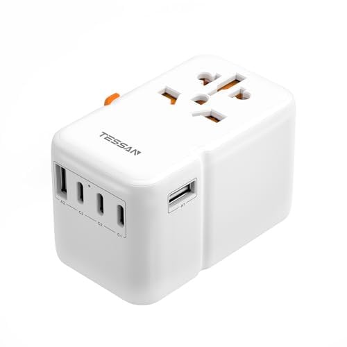 TESSAN Universal Travel Adapter 85W, International Adapter with GaN Fast Charging, 3 USB C 2 USB A Ports, Power Adaptor Worldwide for US to European UK Ireland AUS USA Germany (Type C/G/A/I), White