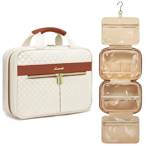 LOVEVOOK Kulturbeutel Damen, Kulturtasche zum aufhängen, Reise Waschtasche Kosmetiktasche Gross, Hanging Toiletry Bag Women, Wasserdichter Travel Make up Tasche Schminktasche, Wash Bag, Beige Braun