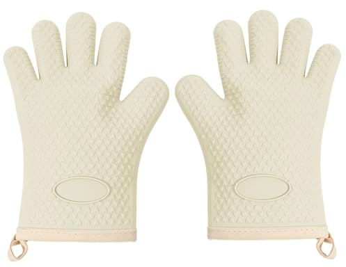 Ofenhandschuhe Hitzebestaendig Ofenhandschuh Topflappen Silikon Isoliertes Baumwollfutter Backofenhandschuhe Anti-Rutsch Topfhandschuhe Komfortabel Oven Gloves zum Grillen Kochen und Backen (Weiß)