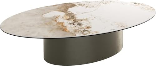 DELIFE Wohnzimmertisch Casilda Keramik Minas Melange Weiß-Beige 150x90 cm Mittelfuß Effektfinish Titan