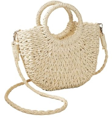 QIUSHIBO Bolsos De Paja Bolso de Playa de Media Luna de ratán de Paja Tejido a Mano, Bolso de Hombro Tipo Bandolera Calado de Verano for Mujer de Gran Capacidad Bolso Paja(Beige)