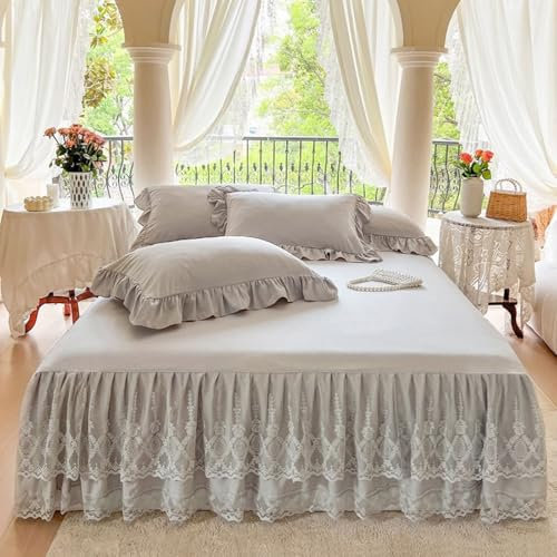 Epinki Bett Volant 180x200cm Hülle, Spitze Bettrock Stretch Einfarbig Hellgrau Textilien Klassische, Baumwolle Betttuch für alle Jahreszeiten