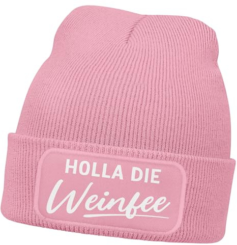 MoonWorks® Damen Beanie mit Patch Strickmütze mit Spruch Holla die Weinfee Aufdruck Lustig Damenmütze