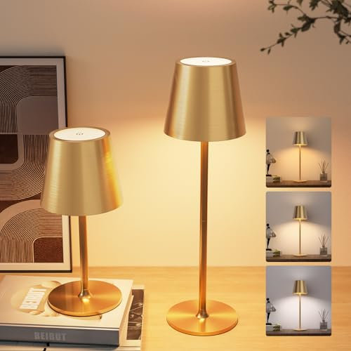 ONLYWIN 2 Stück LED Tischlampe Kabellos, 5000mAh Dimmbare Tischleuchte Akku, Nachttischlampe Tischleuchte Kabellose mit USB-C, 3 Höhenverstellbar Touch Lampe für Nachttisch Esstisch Camping(Gold)