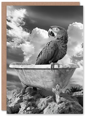 Artery8 Greeting Card Macaw Parrot Bird on Bathtub Black White Surreal Blank For Him Or Her Art Birthday Card