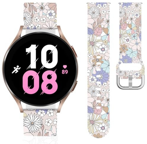 Vozehui Flowers Printed Strap Compatible with Samsung Galaxy Watch 7/6/5/4/FE Band 40/44mm, 20mm Waterproof Silicone Replacement for Samsung Galaxy Watch 3/5 Pro 45mm/Active 2,Women
