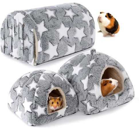 MABOZOO Meerschweinchenhaus-Zubehör, waschbar, 2 Meerschweinchenhaus und Verstecktunnel mit Vorhängen, Chinchilla-Versteck für Hamster, Kaninchen, Chinchillas (Grau-Stern)