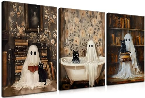 3-teilige Halloween-Geister-Leinwandkunst, gruselige dunkle Akademie, schwarze Katze, Wanddekoration, gerahmt, Retro-Horror, ästhetisch, Gothic-Drucke für Wohnzimmer, Schlafzimmer, Badezimmer