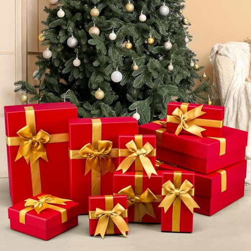 Tenceur 10 Stück Weihnachts-Geschenkboxen mit Deckel, verschiedene Größen, Geschenkboxen für Geschenke, Box mit Band für Geburtstage, Hochzeiten, Einweihungen, Jubiläen, Valentinstag (Rot, Gold, 5