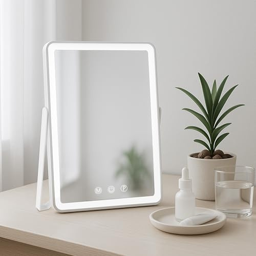 CLP Schminkspiegel mit Beleuchtung Caistor, Kosmetikspiegel für Make-up und Rasur, 3 Lichtfarben LED dimmbar, Standspiegel mit Touch-Schalter | Farbe weiß