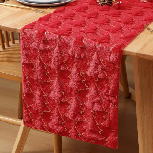 Tischläufer Winterlich 33 x 100 cm Tischläufer Weihnachten Rot Gold Weihnachtsbaum Weich Plüsch Samt Jacquard Modern Küche Tisch Dekoration für Winter Urlaub Esszimmer Esstisch Dekoration