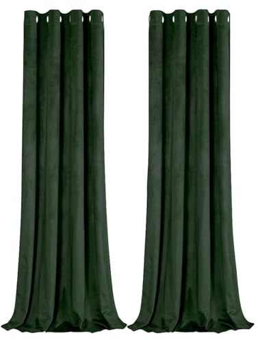 Happy Homewares Forest Green Blackout Curtains - 46 x 63 Inch Drop - Contemporary Eyelet Curtains with Soft Velvet Texture - 2 Panels for Bedroom or Living Room