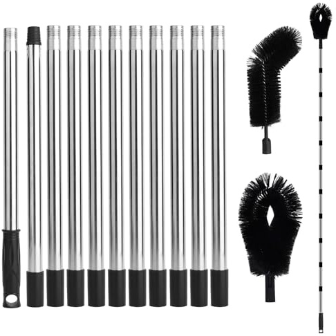 14ft/431cm Telescopic Gutter Cleaning Tool with 2 Brush Heads, Adjustable Length Ladder-Free Gutter Pole Brush Vacuum Attachment for Leaves Branches & Debris Cleaning Cleaner from The Ground