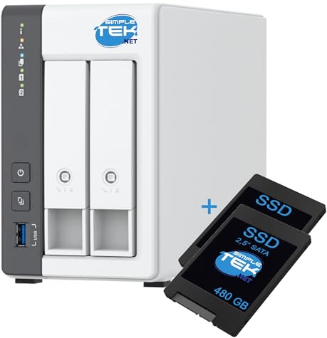 SIMPLETEK - 2 Bay (Slot) NAS System with 4GB RAM and 2 x 480GB SSD Included (960GB Total), 2.5 Gigabit LAN for Home Cloud