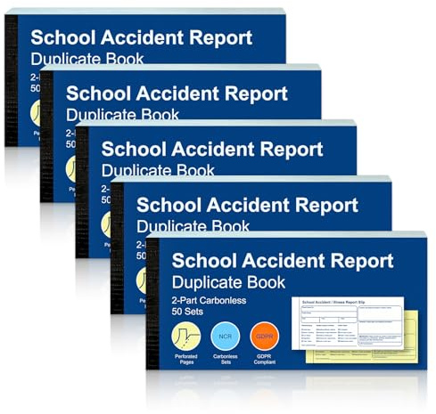 5 Pack School Accident Report Book 2-Part 50 Sets Incident Report Duplicate Book 99mm x 210mm Accident Report Book with Both Copies Perforated for Schools Nurseries Educational Institutions