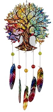 formano Lebensbaum Fensterhänger aus Farbglas Deko Hänger Baum 50 cm Bunter Glas Fensterhänger mit Federn Kunstvoller Glasanhänger Dekorativer Fenster Schmuck für Balkon, Garten oder Fenster