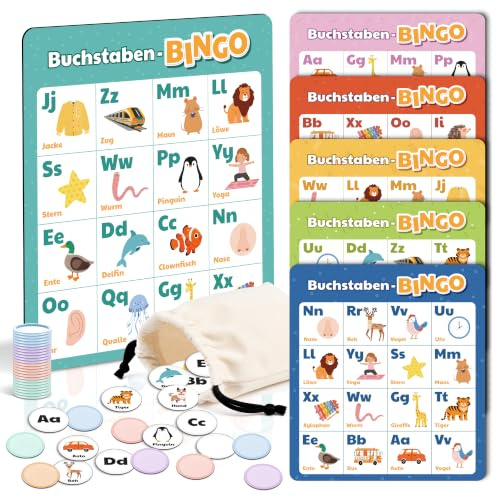 BIROYAL ABC Bingo Spiel Kinder ab 4 5 6 Jahre - Buchstaben Lernspiel für Schulanfänger - Lernspiel 1. Klasse - Gesellschaftsspiel Kinder - Einschulung Geschenk - Lernspielzeug