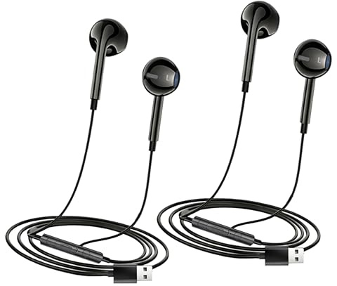 SRLWMYI 2 Pack USB Earphones for PC Laptop 2.5m Cord, USB Headset with Microphone Computer Headphones, Wired In-Ear Earbuds Type A Port, Compatible with Multiple devices